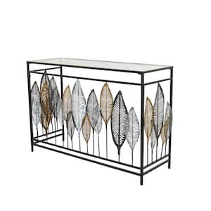 44 in. Black Extra Large Rectangle Metal Leaf Console Table with Mirrored Glass Top