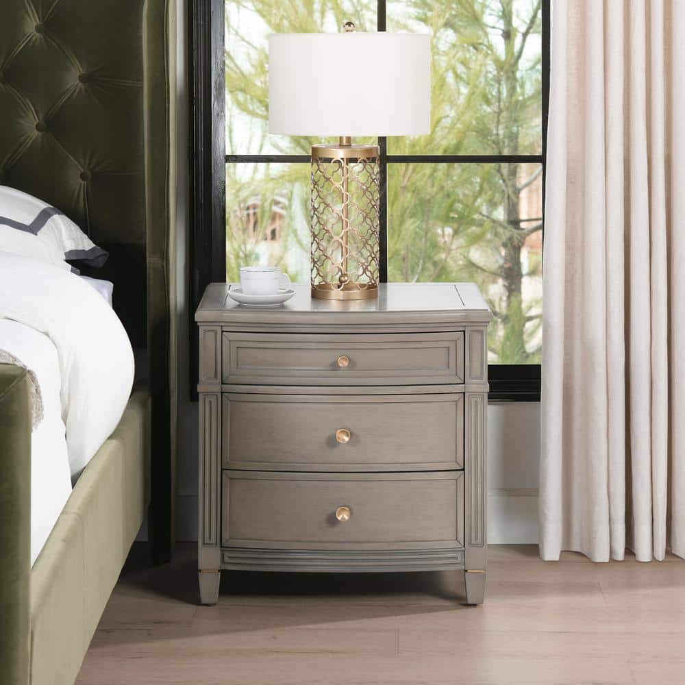 Dauphin Grey Cashmere 3-Drawer Nightstand with Gold Accents