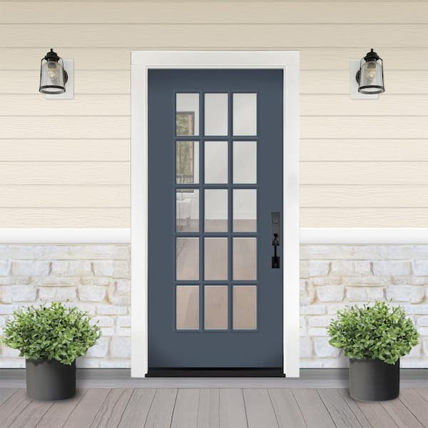 Reliant 32 in. x 80 in. Left-Handed Full Lite 15L SDL Clear Glass Dark Denim Finish Fiberglass Front Door Slab