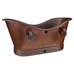 67-in. Hammered Copper Flatbottom Double Slipper Bathtub with Rings and Overflow Holes in Oil Rubbed Bronze