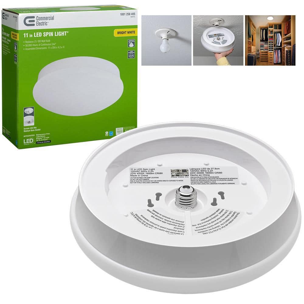Commercial Electric Spin Light 11 in. Closet Light LED Flush Mount Ceiling  Light 1600 Lumens 4000K Bright White Kitchen Laundry Room 54652143 The  Home Depot