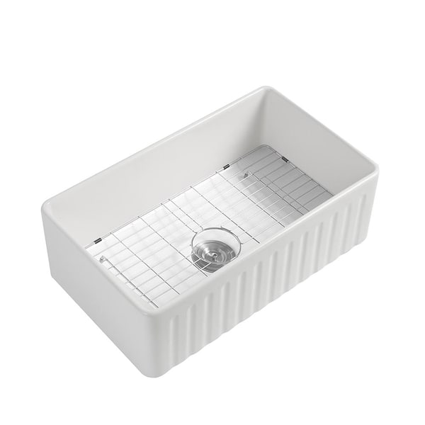 Unbranded White Fireclay 33 in. Single Bowl Farmhouse Apron Reversible 2-Side Fluted Front Kitchen Sink with Grid and Strainer