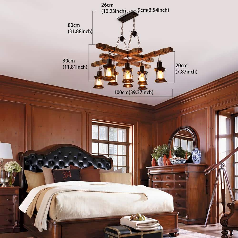 Rustic Brown Metal and Wood 8-Light Lantern Chandelier