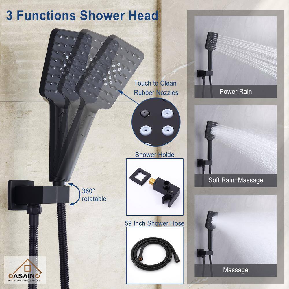 Matte Black 12" Wall Mount Square Shower System with Handheld Spray
