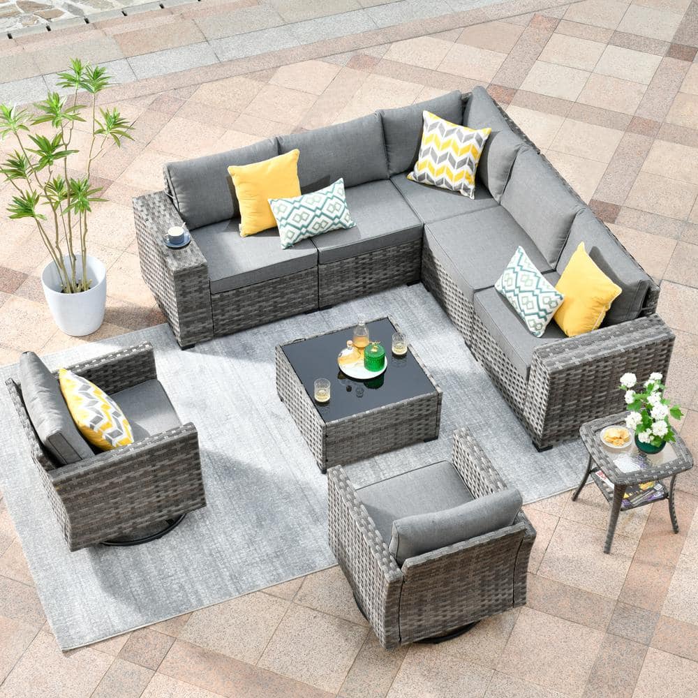 HOOOWOOO Crater Grey 9 Piece Wicker Wide Plus Arm Patio