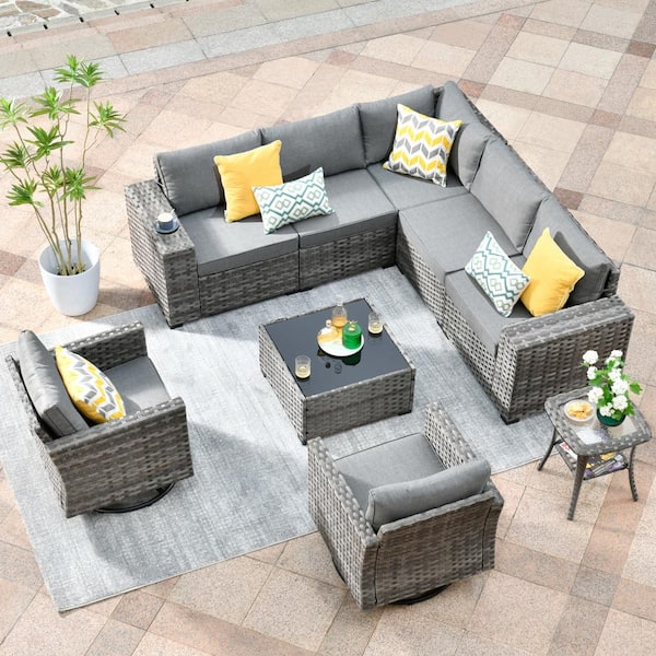 HOOOWOOO Crater Grey 9-Piece Wicker Wide-Plus Arm Patio Conversation Sofa Set with Swivel Rocking Chairs and Dark Grey Cushions