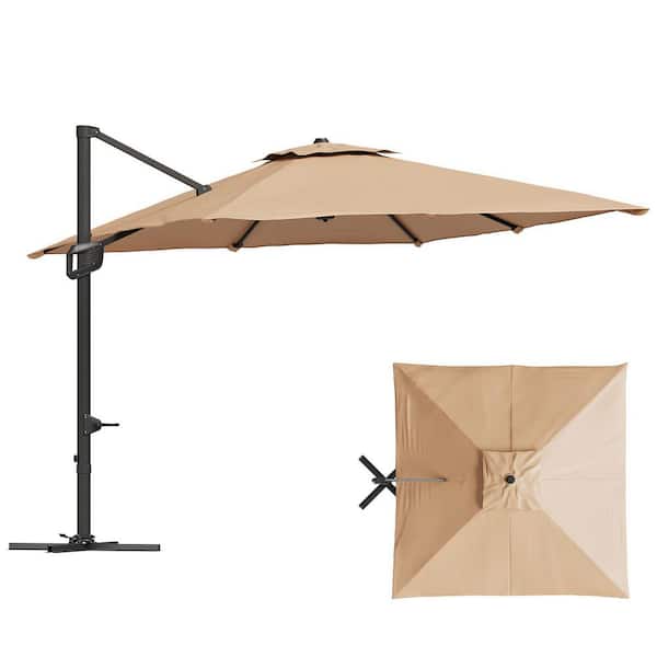 costco.com patio umbrellas Seasons Sentry 10' Square 2-Tier Solar LED Aluminum Cantilever Umbrella  With Base