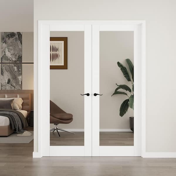 64 in. x 80 in. 1-Lite Mirrored Glass Solid Core White Primed Universal Double Prehung French Door with Assemble Jamb