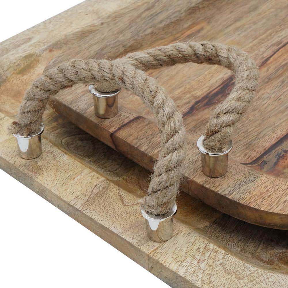 Rustic Brown Mango Wood Trays with Twisted Jute Handles, Set of 2