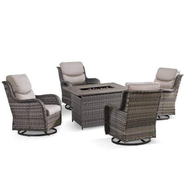 Quanxer Gray 5-Piece Wicker Patio Rectangle Fire Pit Conversation Set with Beige Cushions and Swivel Chairs