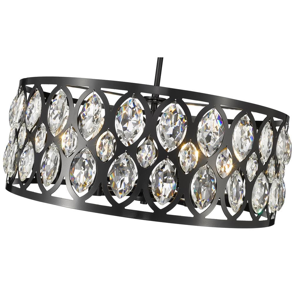 Ellipse-Carved Steel and Crystal 6-Light Chandelier in Matte Black