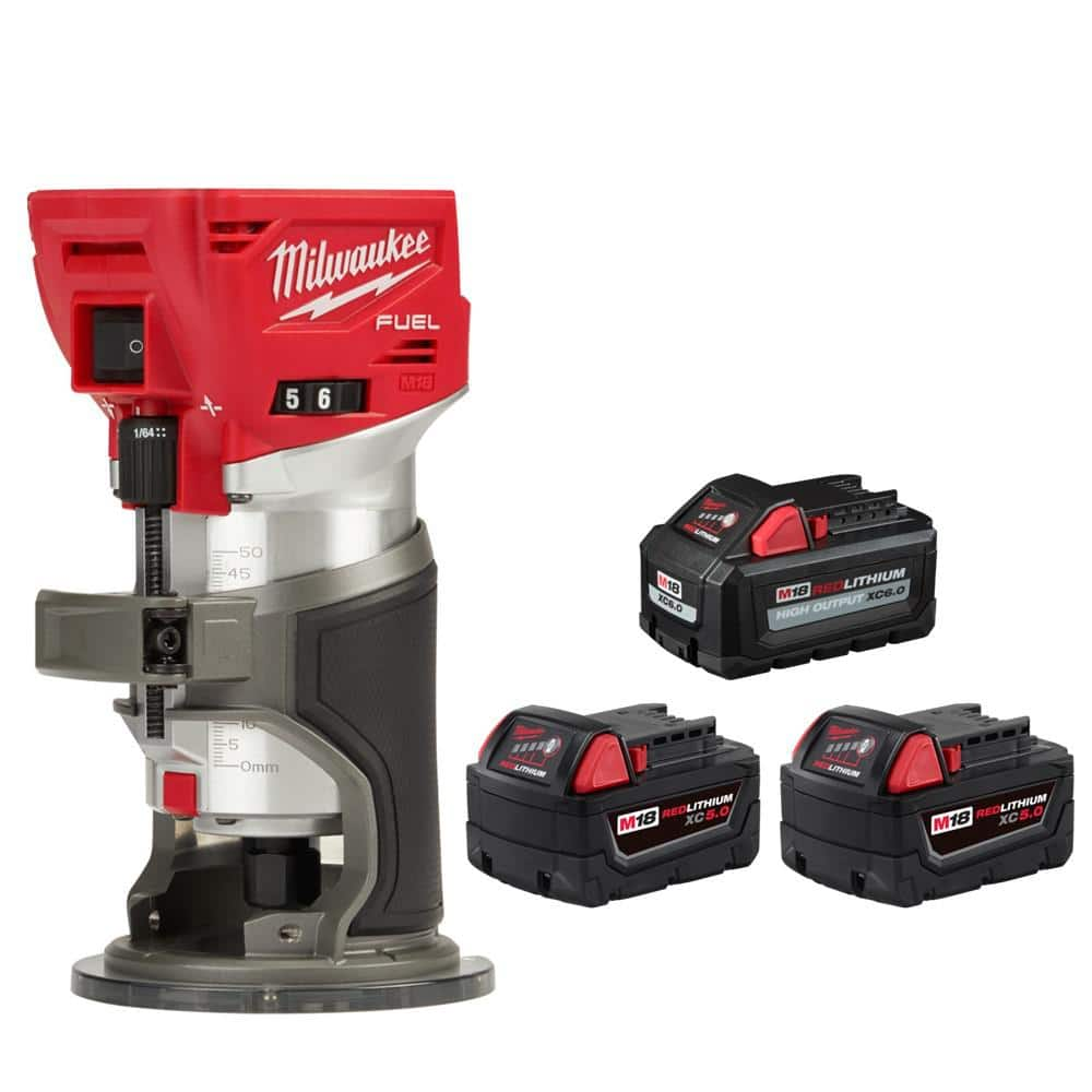 Milwaukee M18 FUEL 18V Lith-Ion Brushless Cordless Compact Router w/M18 (1) High Output 6.0Ah Battery & (2) 5.0Ah Battery