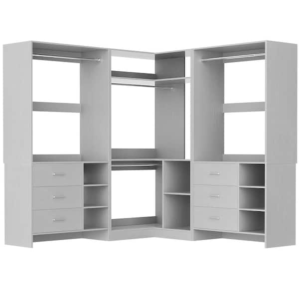 92.6-in L-Shaped Walk-In Closet Systems with 6 Drawers & 4 Hanging Rods & Corner Tower Set of 3 Grey