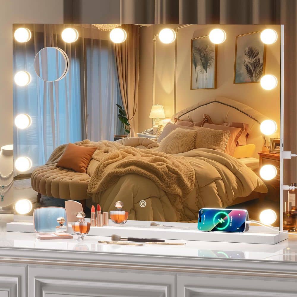 White 20 in. W x 28 in. H Rectangle Framed Vanity Mirror with Lights, LED M