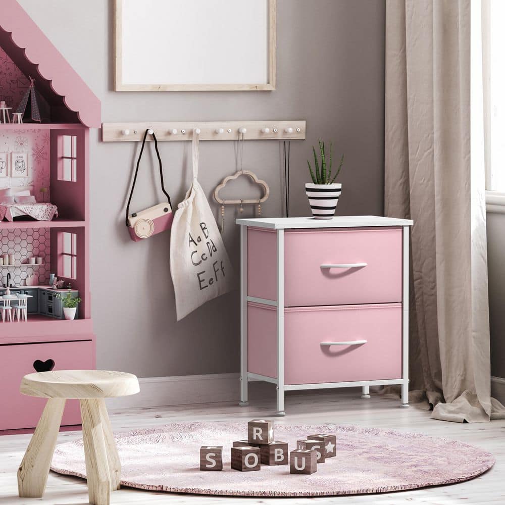 Pink, 2 Drawers, 11.8 in. W Nightstand, Set of 2 Kids Bedside Furniture End