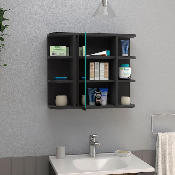 Aoibox 24 in. W x 20 in. H Rectangular Wood Medicine Cabinet with Mirror, 6 External Shelves,3 Internal Shelves in Black Wengue