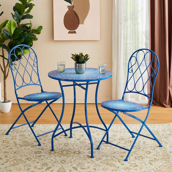Glitzhome 28 in. H Outdoor Metal Folding Blue Bistro Table
