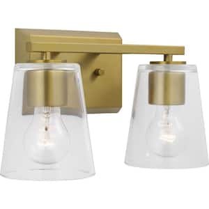 Vertex Collection 12.87 in. 2-Light Brushed Gold Clear Glass Contemporary Vanity Light