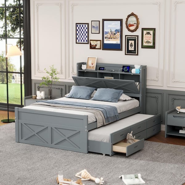 Gray Wood Frame Full Size Platform Bed with Outlets, 3 Drawers, Storage Headboard and Twin Trundle