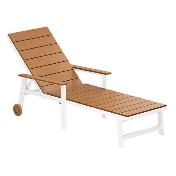 Hedia Teak 2-Piece Recycled HDPS Plastic Adjustable Outdoor Patio Reclining Chaise Lounge Chair with Wheel