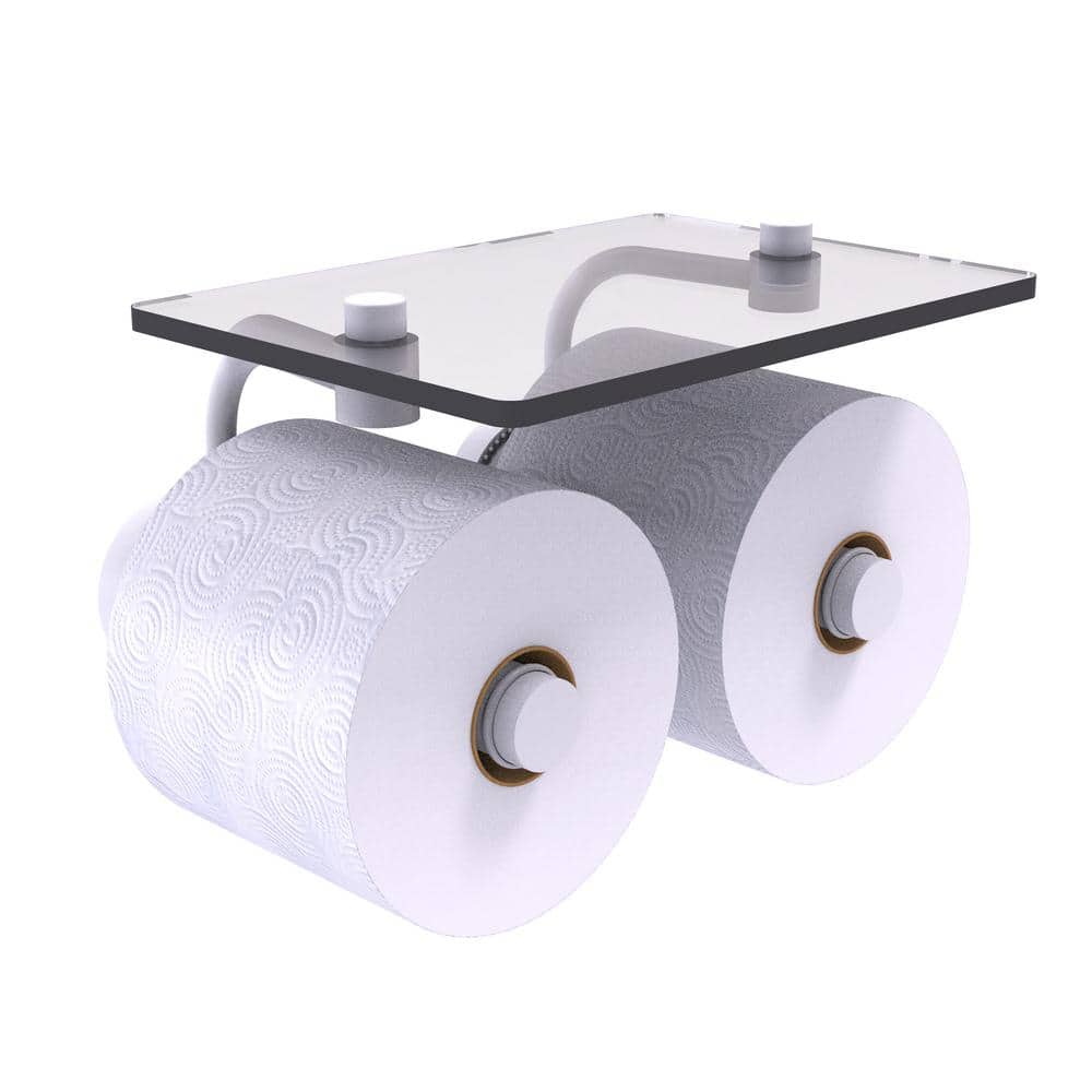 Matte White Brass Dual Roll Toilet Paper Holder with Glass Shelf