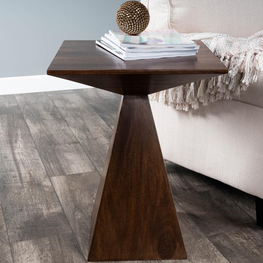 Triangular Mango Wood & Metal End Table with Storage - Coffee