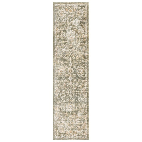 Hazel 2 ft. x 8 ft. Green/Beige Distressed Abstract Floral Runner Rug