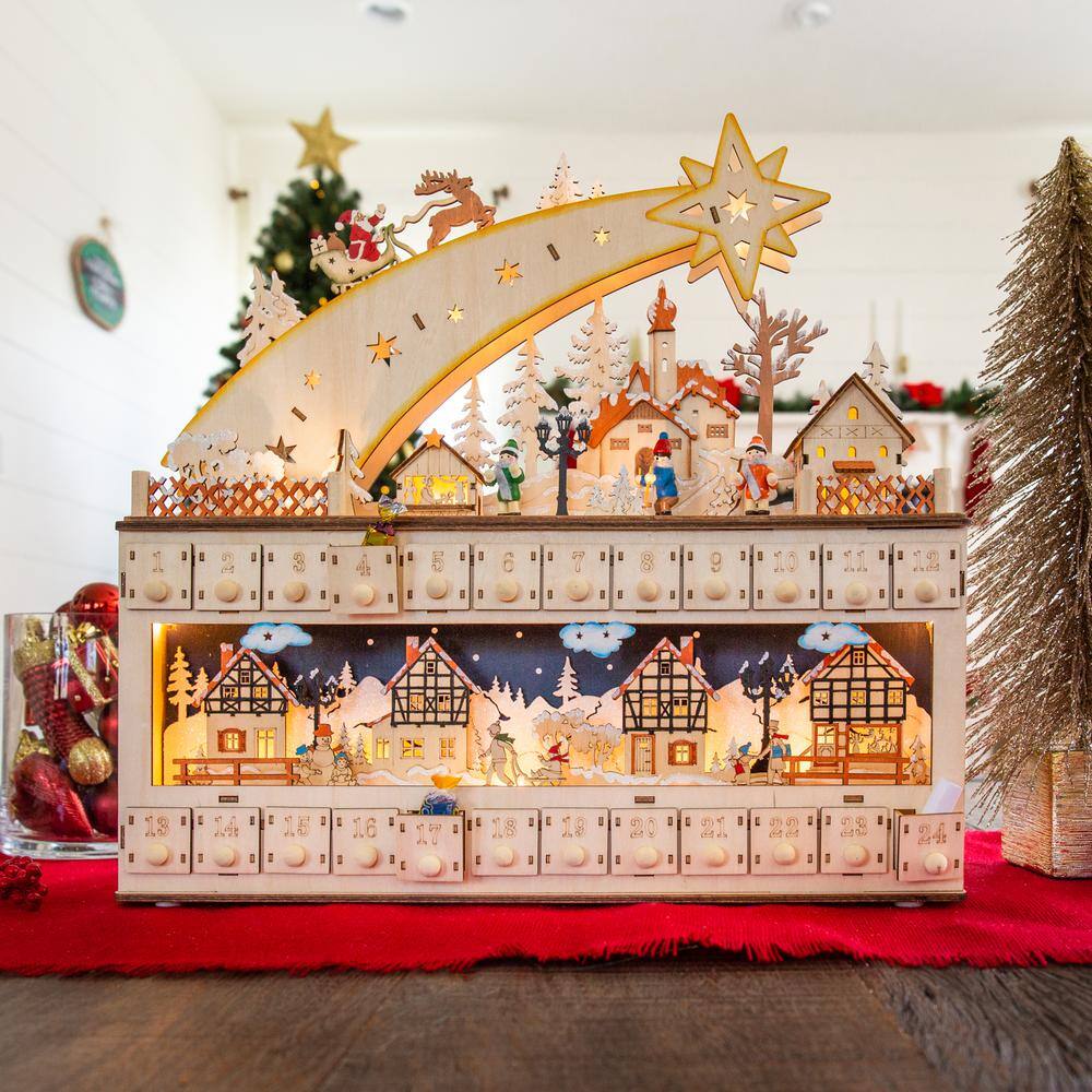 Wooden Christmas Advent Calendar with LED Lights and Shooting Star
