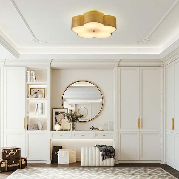 19 in. 5-Light Large Flower Vintage Gold Metal Semi-Flush Mount with Shade