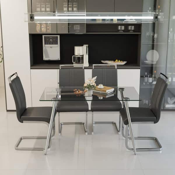 Silver Tempered Glass 51 in. W 4 Legs Base Dining Table for 4-6 People Kitchen or Home Office