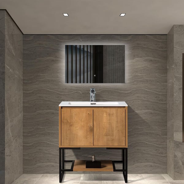 Free-Standing 29.53 in. W x 17.72 in. D x 34.65 in. H. Bath Vanity in Oak with White Solid Surface Top with White Basin