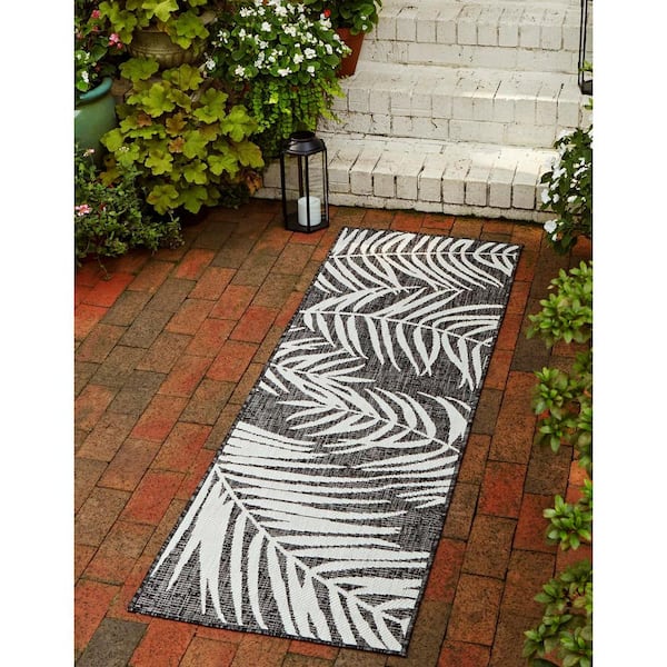 Outdoor Botanical Palm Charcoal 2 ft. x 6 ft. 1 in. Area Rug