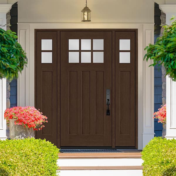 Regency 68 in. x 80 in. 6-Lite Top Lite Clear Glass LHIS Hickory Fiberglass Prehung Front Door 14 in. Side Lites