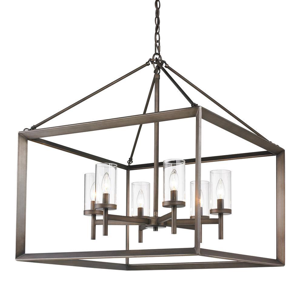 Contemporary Beveled Cage 6-Light Bronze Chandelier with Clear Glass