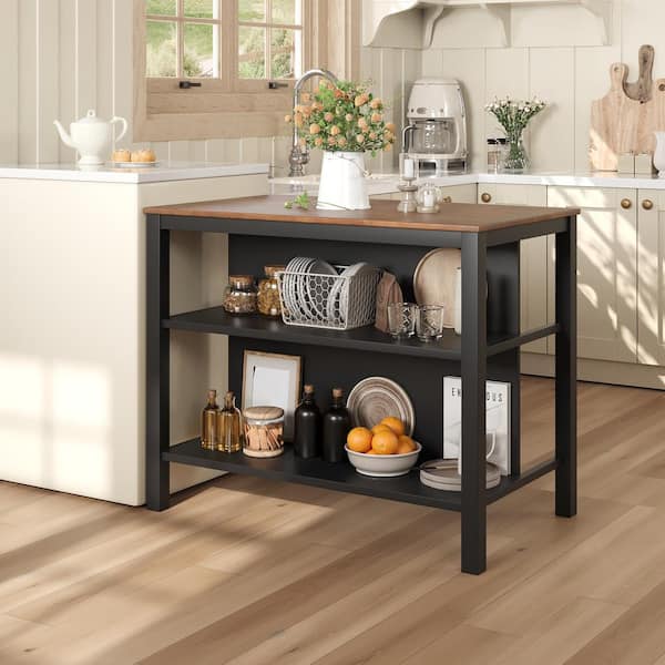 Runesay Rustic Walnut and Black Rubber Wood 45 in. Stationary Kitchen Cart Butcher Block Dining Prep Table with 2-Open Shelves