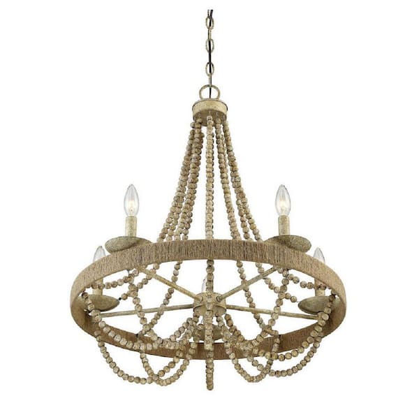 Savoy House 26 in. W x 28 in. H 5-Light Natural Wood Chandelier with Rope and Textured Bead Detailing