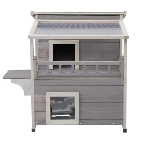 Runesay Double Story Outdoor Cat House with Sun Panels and Balcony in Gray