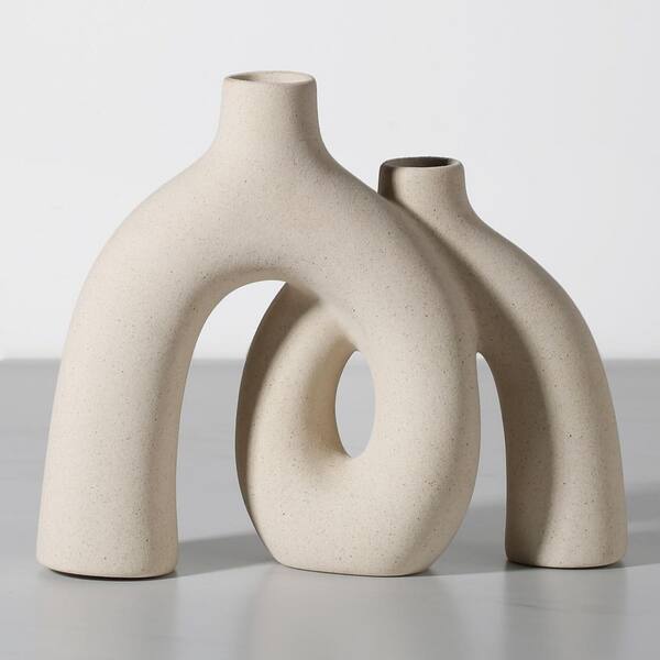 Beige 10 in. x 8.5 in. Ceramic Modern Nordic Boho Hollow Decorative Vase