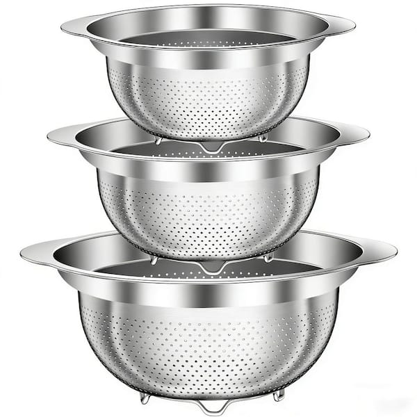 Stainless Steel Colander for Kitchen (Set of 3), Pasta Strainer for Spaghetti Fruit Vegetable Cooking Food