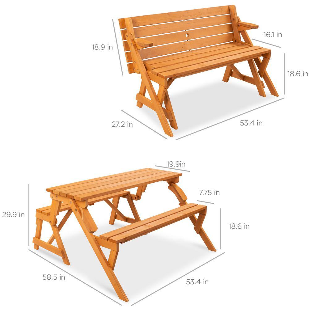Natural Fir Wood 2-in-1 Outdoor Picnic Table and Garden Bench with Umbrella Hole