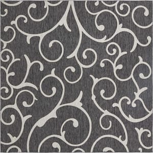 Outdoor Botanical Curl Charcoal Gray 13 ft. x 13 ft. Area Rug