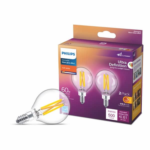 Philips 60-Watt Equivalent Ultra Definition G16.5 Clear Glass Dimmable E12 LED Light Bulb Soft White Warm Glow 2700K (2-Pack)