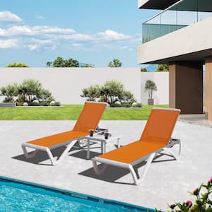 3-Piece Orange Aluminum Adjustable Outdoor Lounge Chair with Side Tabl