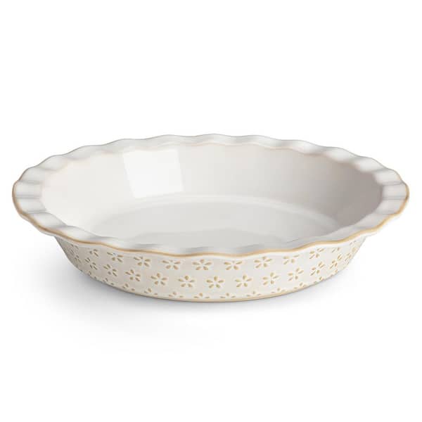 9 in. Stoneware Pie Dish with Embossed Floral Design Deep Dish Baking Pan for Pies Quiches Tarts Oven Dishwasher Safe
