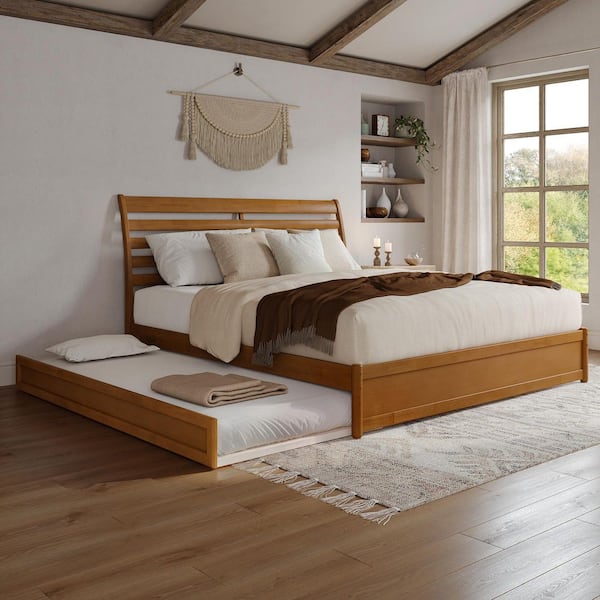 AFI Emelie Light Toffee Natural Bronze Solid Wood Frame King Platform Bed with Panel Footboard and Twin XL Trundle