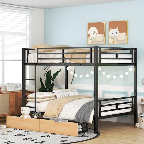 Polibi Morden Metal Full Size Convertible Bunk Bed with 2 Drawers, Black