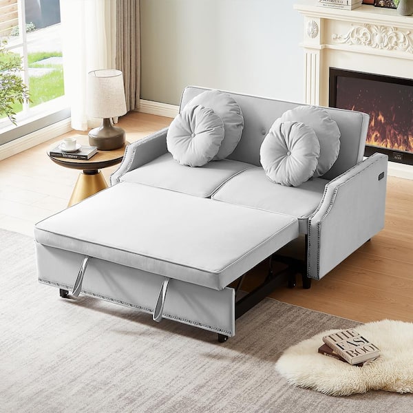 Harper & Bright Designs 54.7 in. Light Gray Selected Bella Fabric Twin Sofa Bed with Adjustable Backrest, USB Ports and 4 Floral Lumbar Pillows