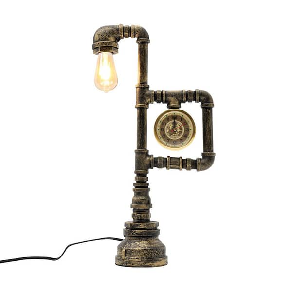OUKANING 17.32 in. Bronze Retro Industrial Plug-In Task and Reading Table Lamp with Clock, No Bulbs Included