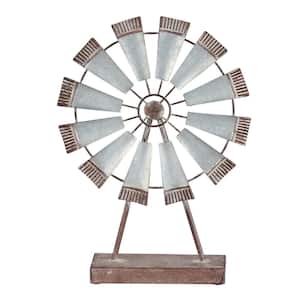 Galvanized Metal Windmill with Wood Stand