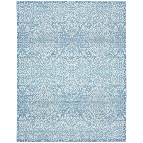 Waverly Washables Aqua 8 ft. x 10 ft. Damask Contemporary Machine Washable Area Rug